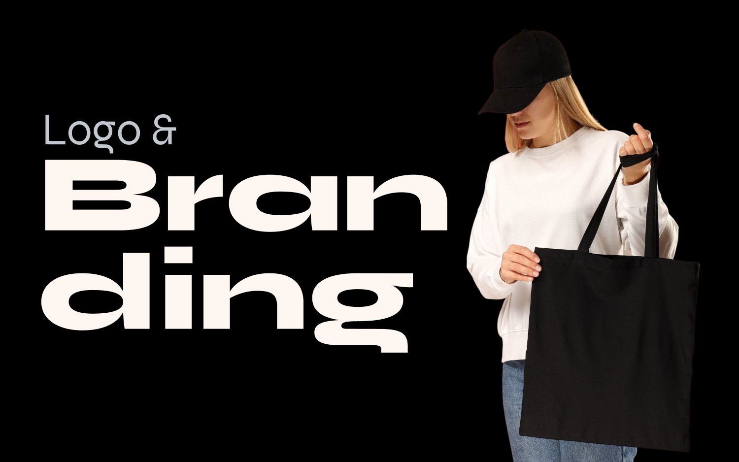 "Logo & Branding": a woman holding a blank tote bag and cap, showing how our agency turns everyday items into powerful brand assets.