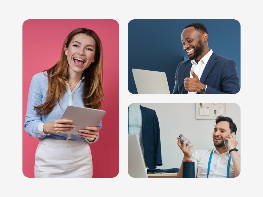 A vibrant collage of diverse clients and creative professionals collaborating, representing the people our agency is ready to connect with.