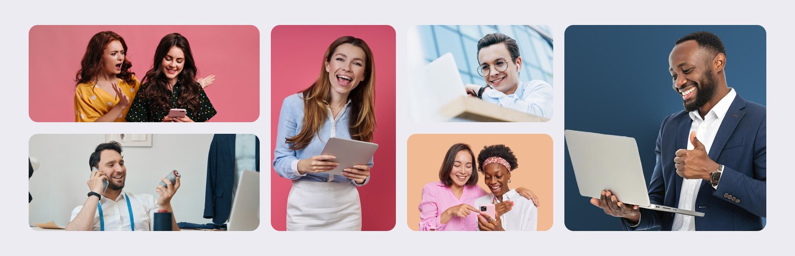 A vibrant collage of diverse clients and creative professionals collaborating, representing the people our agency is ready to connect with.