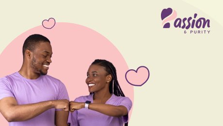 The friendly brand identity and logo we designed for Passion & Purity, shown with a happy couple fist-bumping.