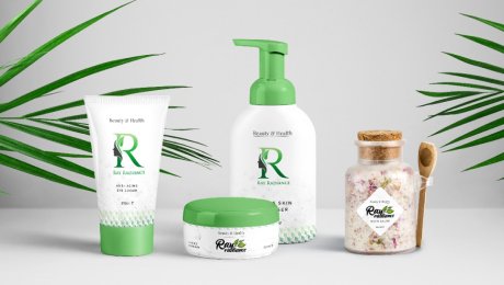 The complete packaging and brand identity we designed for skincare brand Ray Radiance, featuring a lotion, cleanser, face freshener, and bath salts.