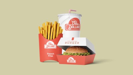 The cohesive packaging and brand identity we designed for fast-food brand The Dollarz, shown on a burger box, fries container, and drink cup.